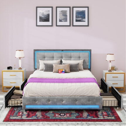 Queen Upholstered Storage Bed with Lighted Headboard and Footboard - Chic Decora