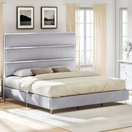 Rehana Upholstered Platform Bed with Mirrored Trim 59″ Tall Headboard - Chic Decora