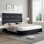 Rehana Upholstered Platform Bed with Mirrored Trim 59″ Tall Headboard - Chic Decora