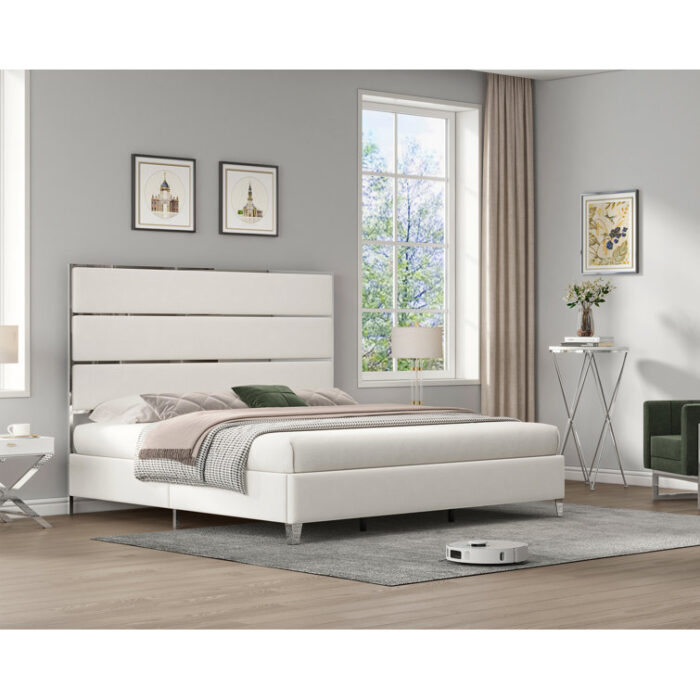 Rehana Upholstered Platform Bed with Mirrored Trim 59″ Tall Headboard - Chic Decora