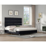 Rehana Upholstered Platform Bed with Mirrored Trim 59″ Tall Headboard - Chic Decora