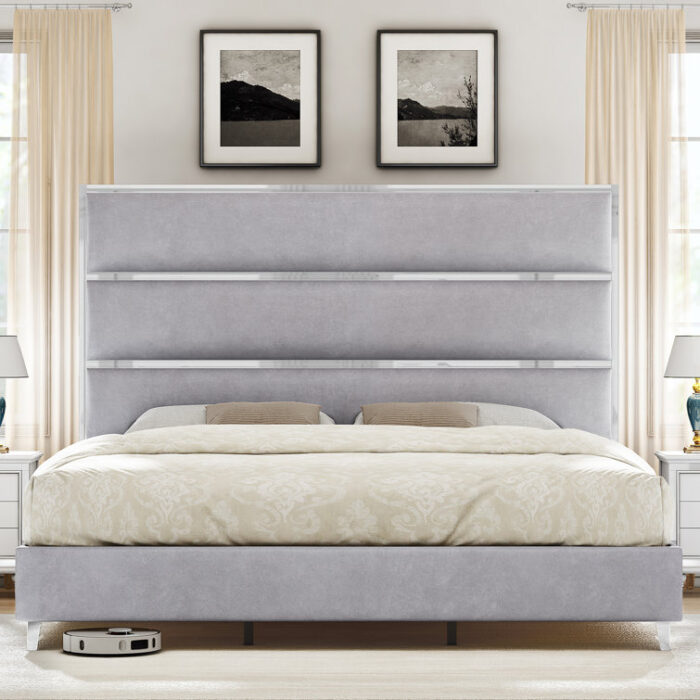 Rehana Upholstered Platform Bed with Mirrored Trim 59″ Tall Headboard - Chic Decora