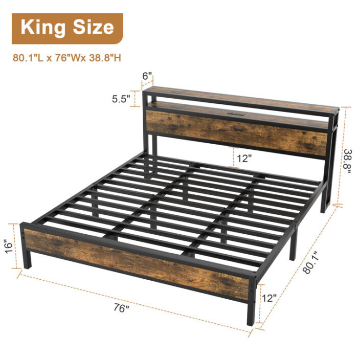 Rila Metal Bed Frame with Charging Station Headboard and Footboard, 13 Steel Slat , 9 Legs Supports - Chic Decora