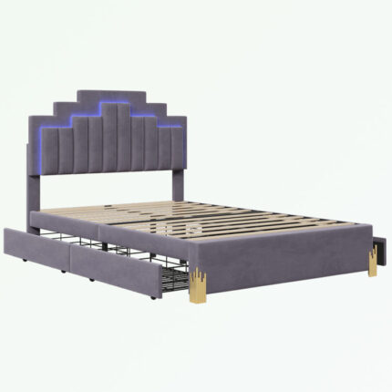 Ronyn Upholstered Platform Bed with LED Lights and 4 Drawers - Chic Decora