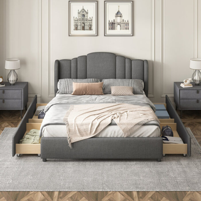 Roszetta Upholstered Platform Bed with Wingback Headboard and 4 Drawers - Chic Decora