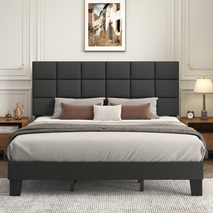 Samule Upholstered Platform Bed Frame with Headboard - Chic Decora