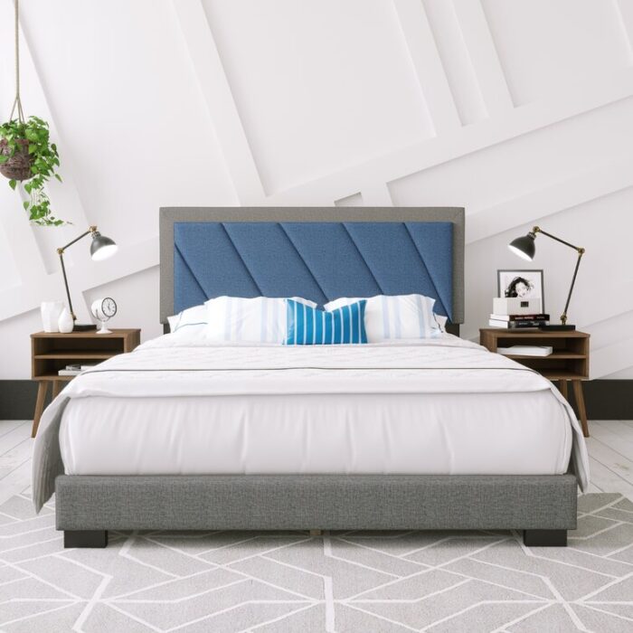 Savona Diagonal Upholstered Faux Leather and Linen Platform Bed - Chic Decora