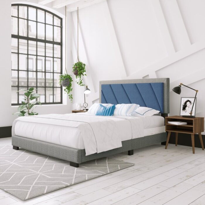 Savona Diagonal Upholstered Faux Leather and Linen Platform Bed - Chic Decora