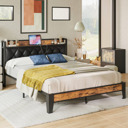 Semirah Vegan Leather Metal Bookcase Storage Bed - Chic Decora