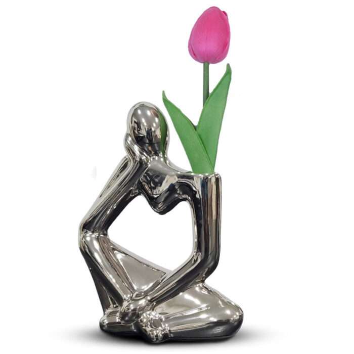 Silver Ceramic Vase & Abstract Thinker, Tulip Included - Chic Decora