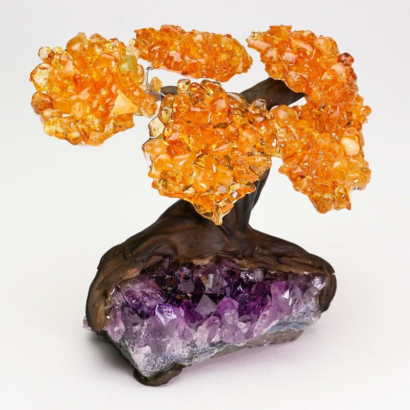 Small Genuine Citrine Clustered Gemstone Tree on Amethyst Matrix (The Money Tree) - Chic Decora