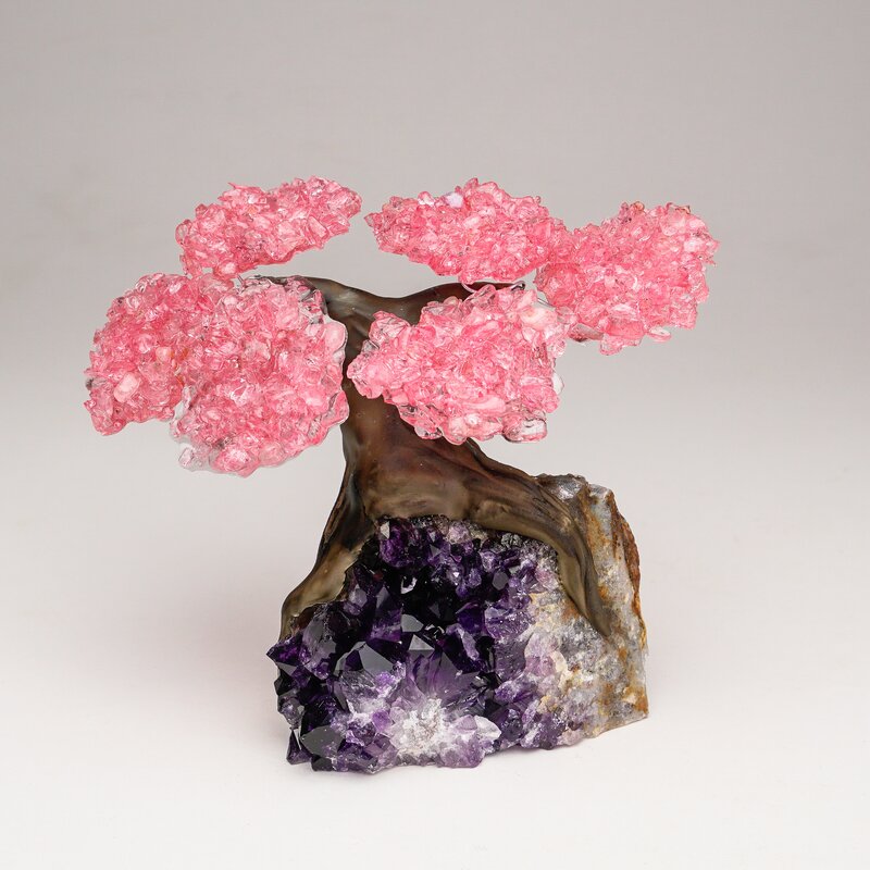 Small Rose Quartz Clustered Gemstone on Amethyst Matrix (The Love Tree) - Chic Decora