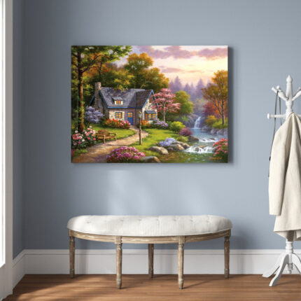 Stony Brook Falls Cottage – Painting Print on Canvas - Chic Decora