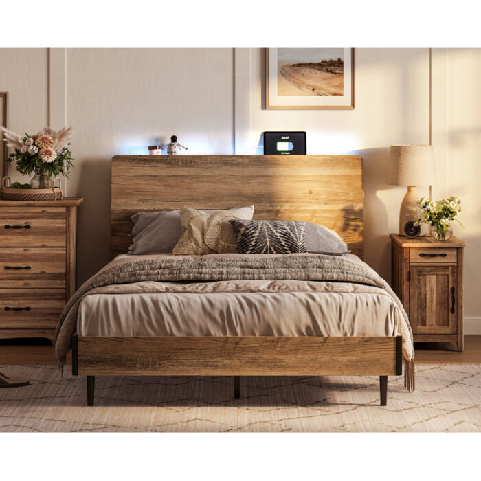 Storage Shelf Bed Frame Wood With Lights, Outlets & Charger - Chic Decora