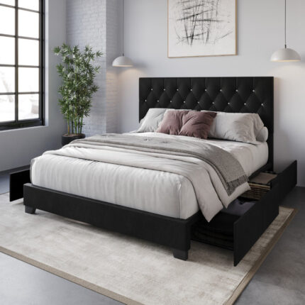 Bay Isle Home„ Bed Frame With Adjustable Rattan Headboard, Boho Platform Bed Frame With Sturdy Slats Support, No Box Spring Needed, Black - Chic Decora