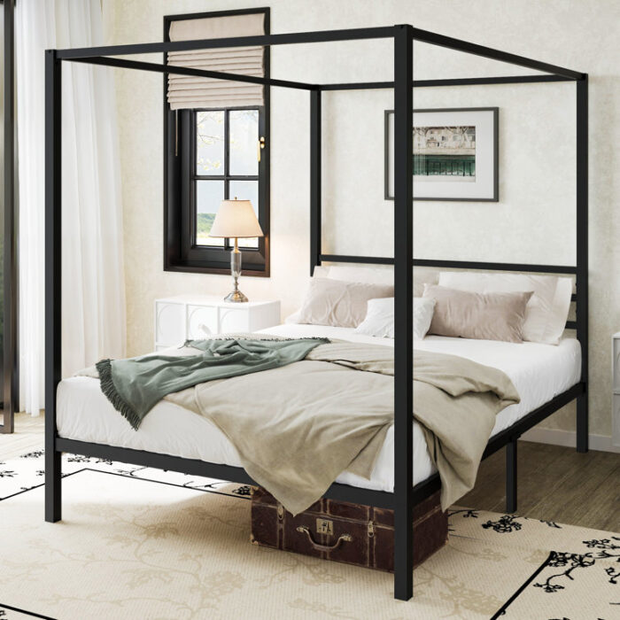 Tabiauea Metal Canopy Bed Frame with Wooden or Metal Slats - Chic Decora