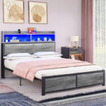 Tallent Bed Frame with LED Lights and USB Ports, Metal Bookcase Storage Bed, Large Storage Space - Chic Decora