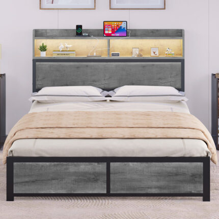 Tallent Bed Frame with LED Lights and USB Ports, Metal Bookcase Storage Bed, Large Storage Space - Chic Decora