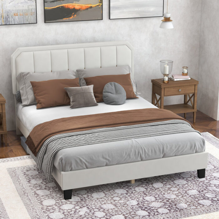 Tandri Platform Wooden Bed Frame With Upholstered Headboard and 12 Wooden Slats - Chic Decora