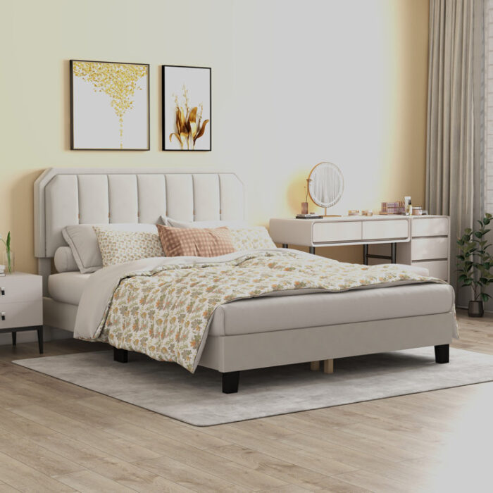 Tandri Platform Wooden Bed Frame With Upholstered Headboard and 12 Wooden Slats - Chic Decora