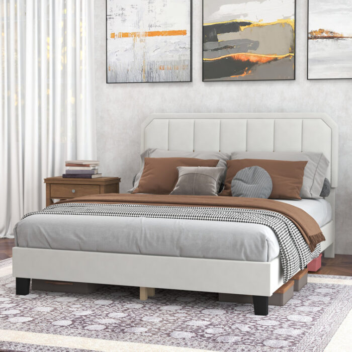 Tandri Platform Wooden Bed Frame With Upholstered Headboard and 12 Wooden Slats - Chic Decora