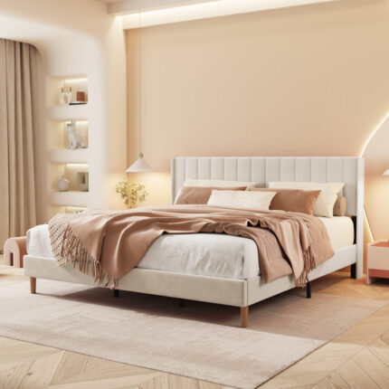 Adler Upholstered Platform Bed with Diamond-Stitched Wingback Headboard - Chic Decora