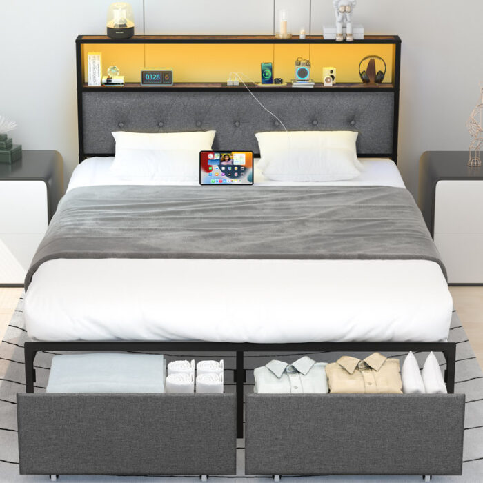 Tremel Upholstered Platform Bed with Storage Drawers and LED Light, Storage Bed With Charging Station and Light - Chic Decora