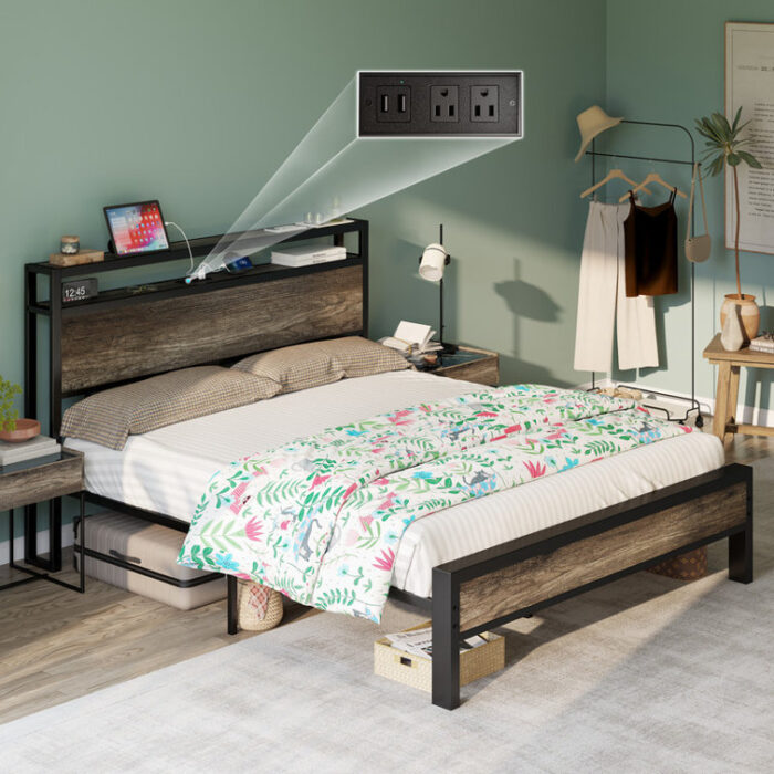 Tryston Bed Frame Industrial Platform Bed with Charging Station - Chic Decora