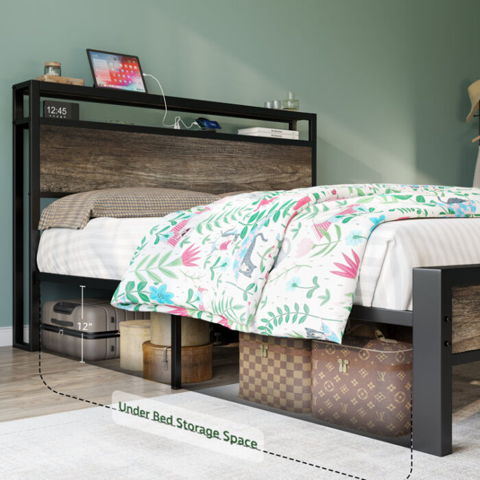 Tryston Bed Frame Industrial Platform Bed with Charging Station - Chic Decora