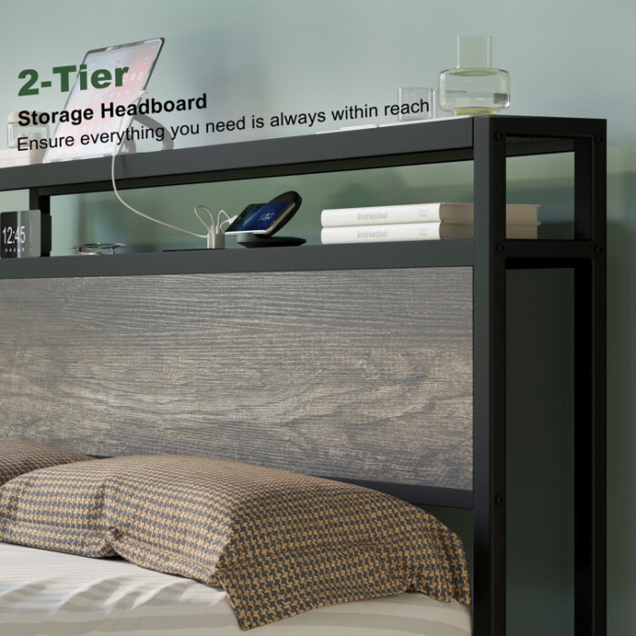 Tryston Bed Frame Industrial Platform Bed with Charging Station - Chic Decora