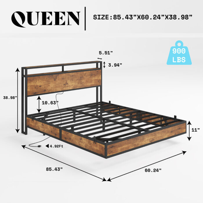 Tryston Floating Bed Frame With Led Lights, Industrial Platform Bed With Charging Station, 2-tier Storage Headboard/no Box Spring Needed - Chic Decora