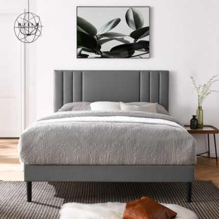 Tufted Upholstered Platform Bed Frame with Adjustable Height Headboard for Bedroom, Wooden Slats - Chic Decora