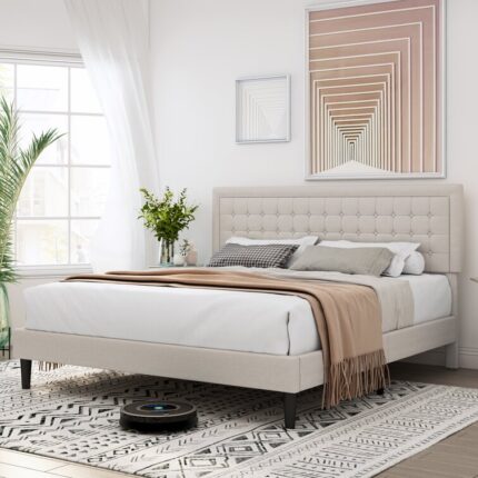 Tufted Upholstered Platform Bed with Adjustable Headboard - Chic Decora