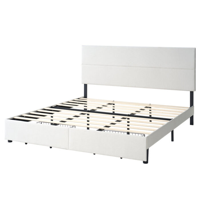 Unionvale Platform Bed Frame with 47.6″ Adjustable Linen Upholstered Headboard & 2 Storage Drawers, Wood Slats/No Box Spring Needed/Easy Assembly/ Noisy Free - Chic Decora