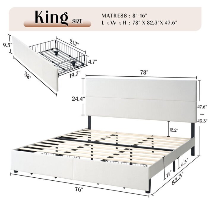 Unionvale Platform Bed Frame with 47.6″ Adjustable Linen Upholstered Headboard & 2 Storage Drawers, Wood Slats/No Box Spring Needed/Easy Assembly/ Noisy Free - Chic Decora