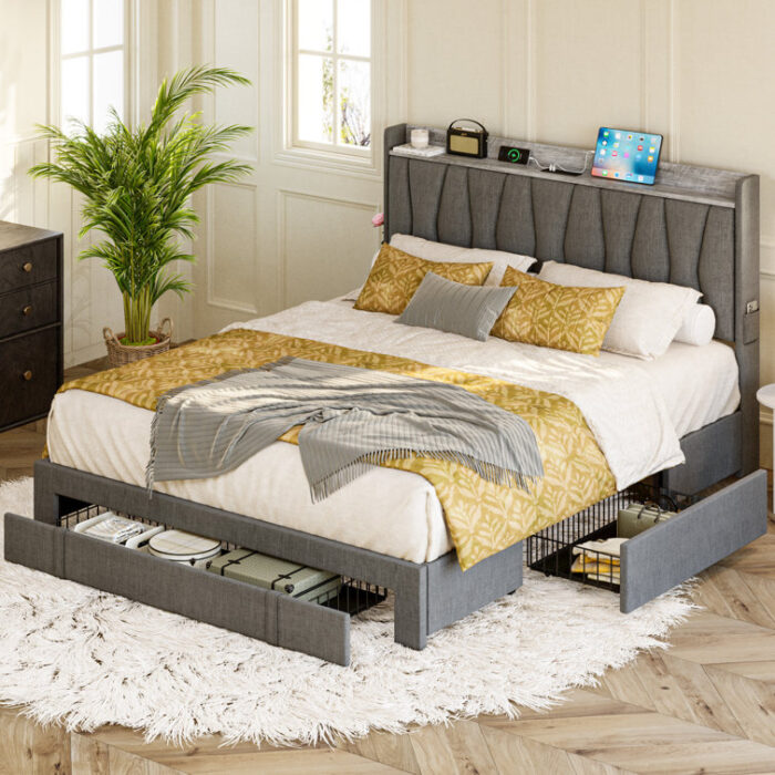 Upholstered Bed Frame with 3 Drawers, Bed with Storage Headboard and Charging Station - Chic Decora