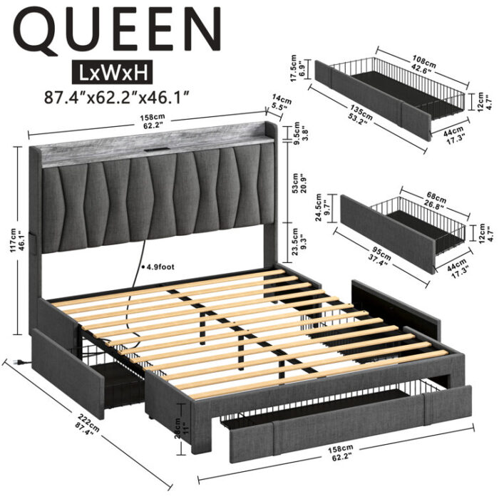 Upholstered Bed Frame with 3 Drawers, Bed with Storage Headboard and Charging Station - Chic Decora