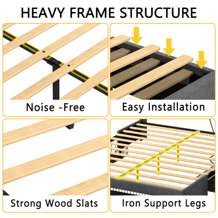 Upholstered Bed Frame with 3 Drawers, Bed with Storage Headboard and Charging Station - Chic Decora