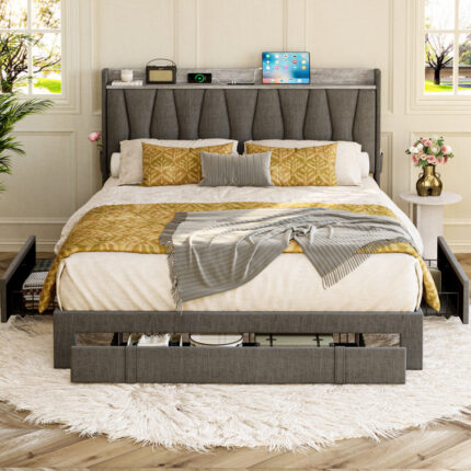 Upholstered Bed Frame with 3 Drawers, Bed with Storage Headboard and Charging Station - Chic Decora