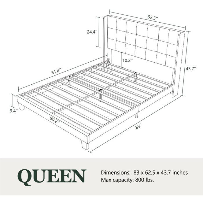 Upholstered Bed with Square Tufting and Wingback - Chic Decora