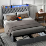 Upholstered LED Bed Frame With Storage Headboard Charging Station 2 Drawers Gray - Chic Decora