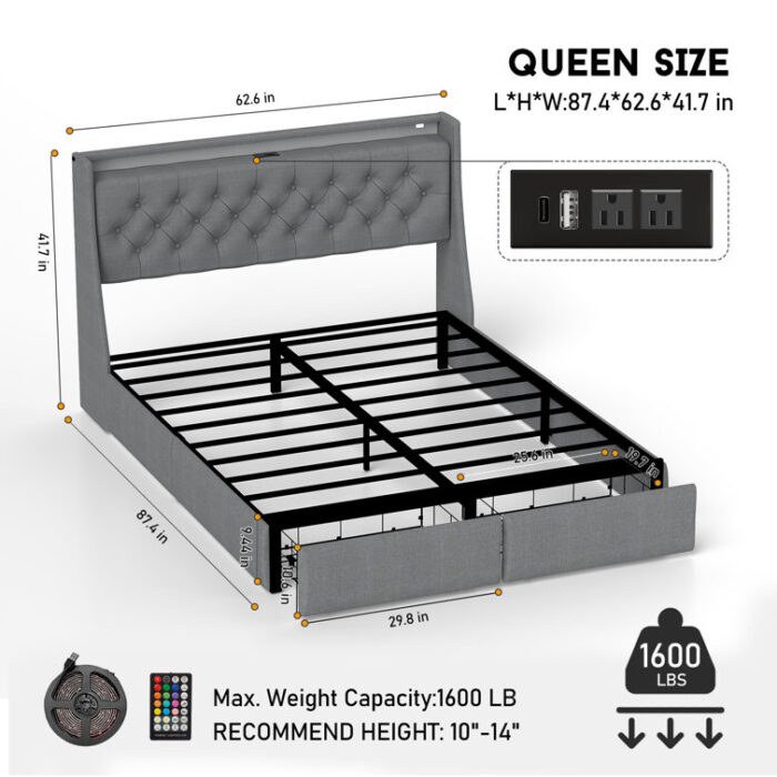 Upholstered LED Bed Frame With Storage Headboard Charging Station 2 Drawers Gray - Chic Decora