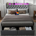 Upholstered LED Bed Frame With Storage Headboard Charging Station 2 Drawers Gray - Chic Decora