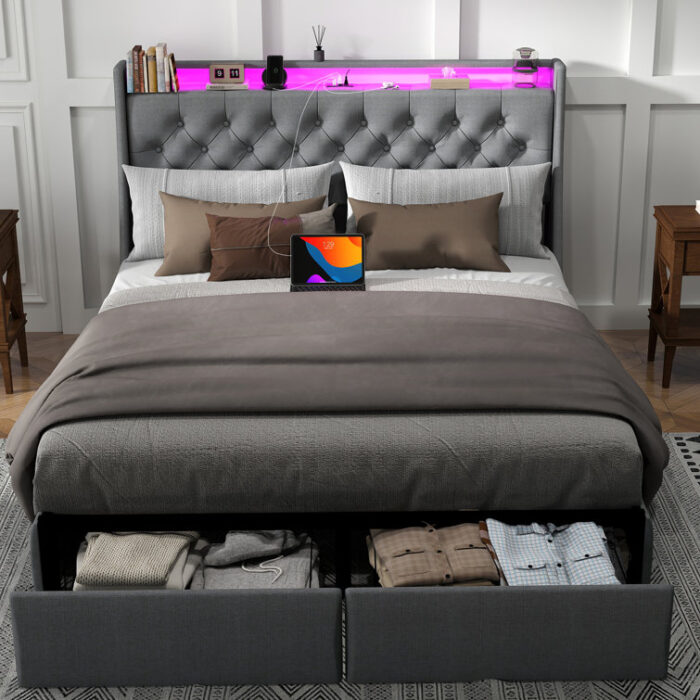 Upholstered LED Bed Frame With Storage Headboard Charging Station 2 Drawers Gray - Chic Decora