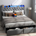 Upholstered LED Bed Frame With Storage Headboard Charging Station 2 Drawers Gray - Chic Decora