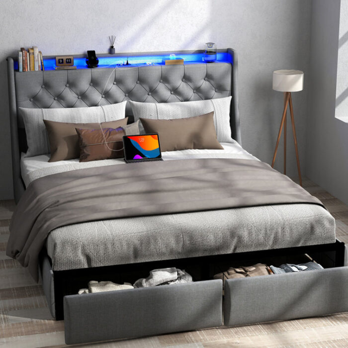 Upholstered LED Bed Frame With Storage Headboard Charging Station 2 Drawers Gray - Chic Decora