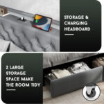 Upholstered LED Bed Frame With Storage Headboard Charging Station 2 Drawers Gray - Chic Decora