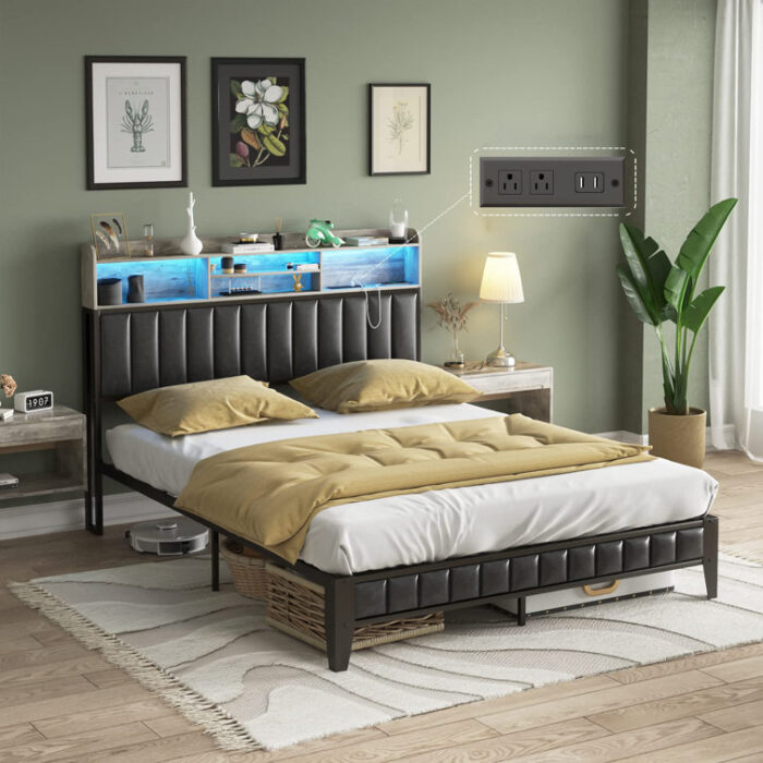 Upholstered Metal Bookcase Storage Bed - Chic Decora