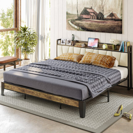 Upholstered Metal Bookcase Storage Bed - Chic Decora