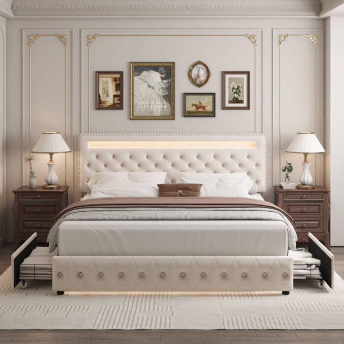 Upholstered Metal Platform Storage Bed - Chic Decora